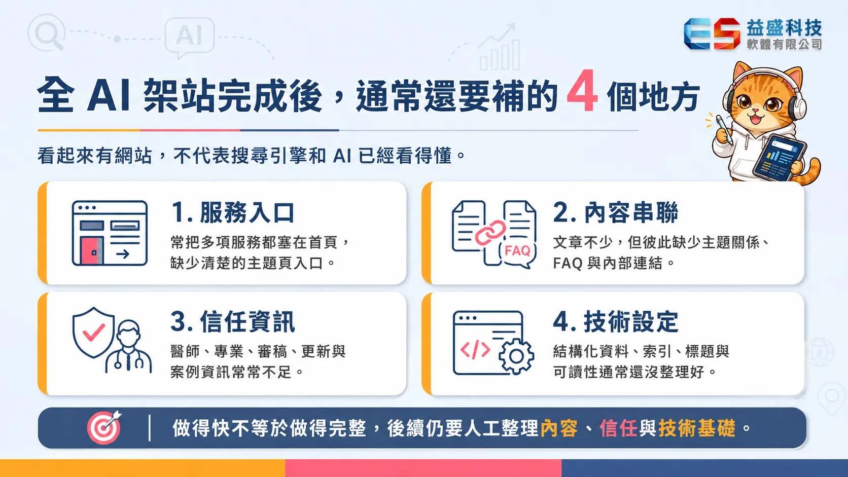 全 AI 架站完成後，網站常見的4個缺口：服務頁入口、內容串聯、專業信任資訊、AI搜尋技術結構