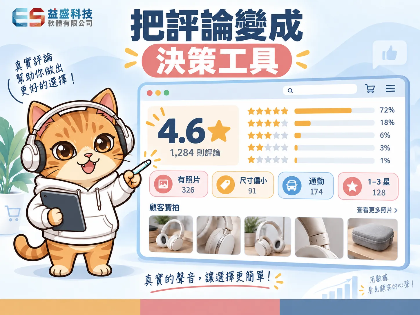 產品評論星等分布與評論篩選介面