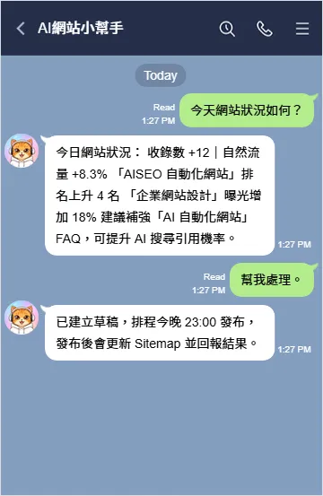 LINE 即時回報示意圖，顯示網站收錄數、排名變動、流量變化與優化建議