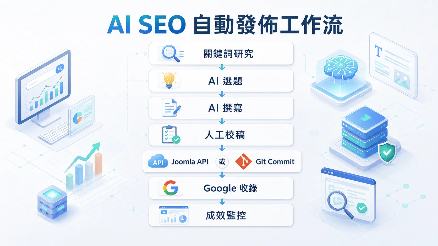 AI SEO 自動發佈工作流示意圖，文章從 AI 撰寫自動送到 Joomla、WordPress 與 Astro 網站