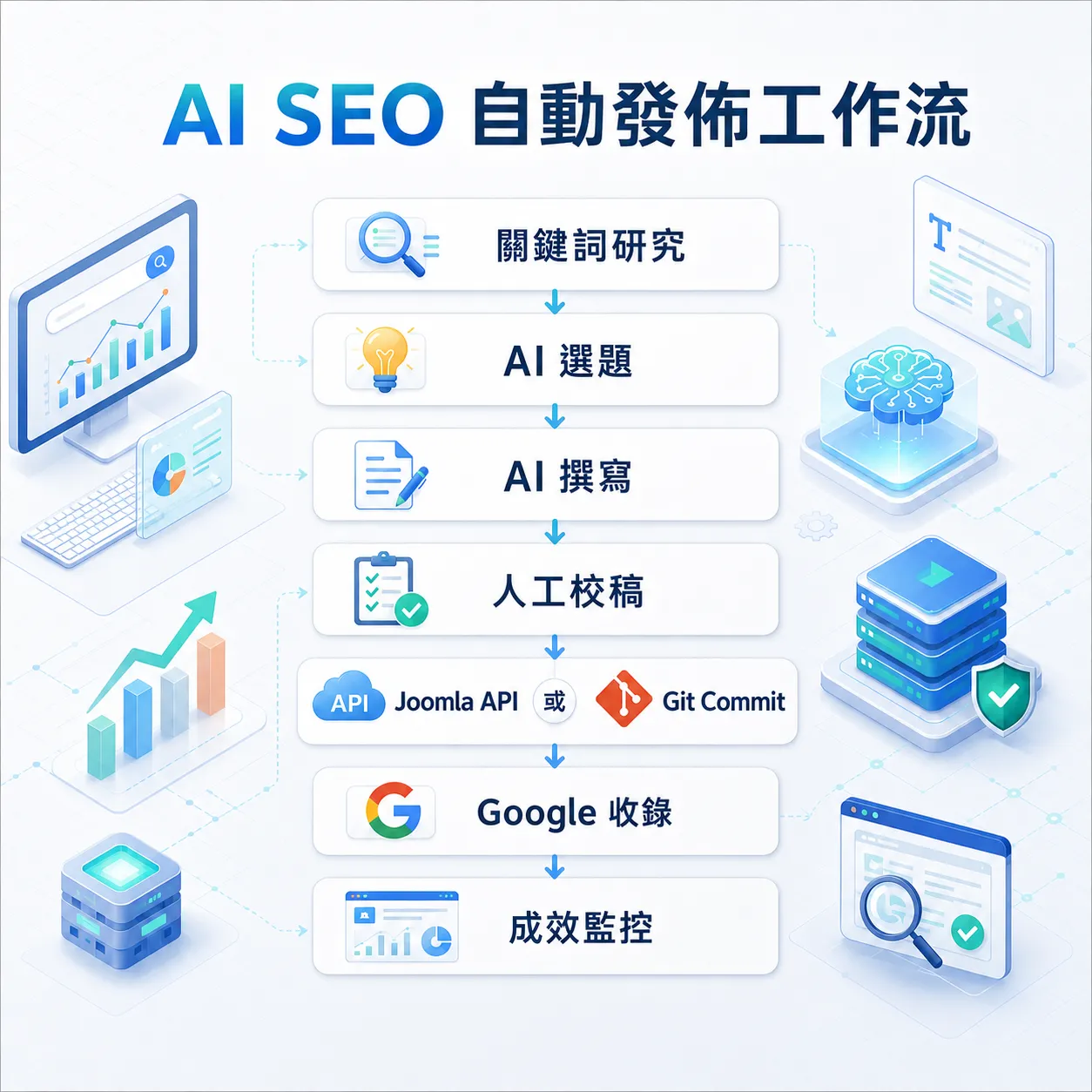 AI SEO 自動工作流：Joomla、WordPress、Astro 發佈
