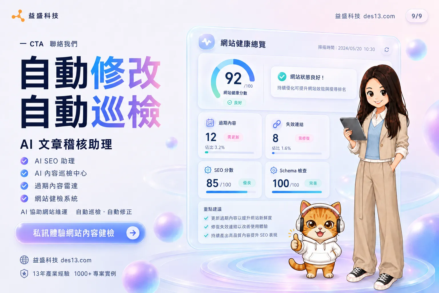 AISEO 運作流程圖，包含偵測問題、AI 分析、產生草稿、人工確認與追蹤成效