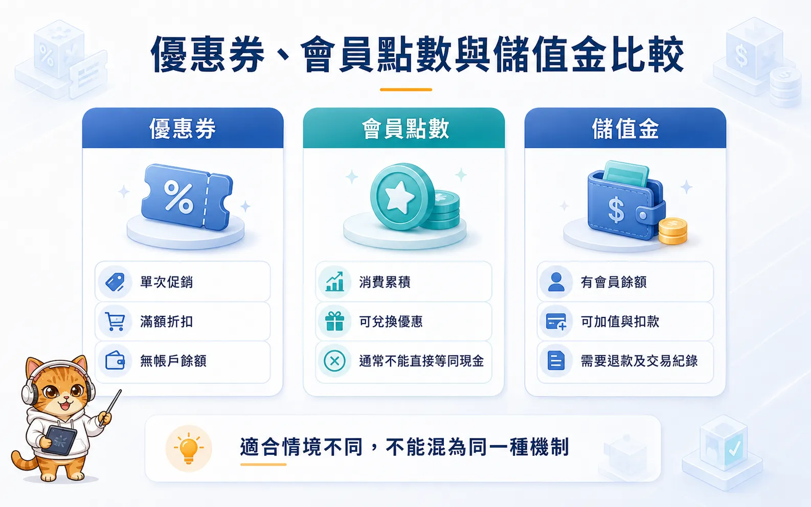 優惠券、會員點數與儲值金的功能及使用情境比較