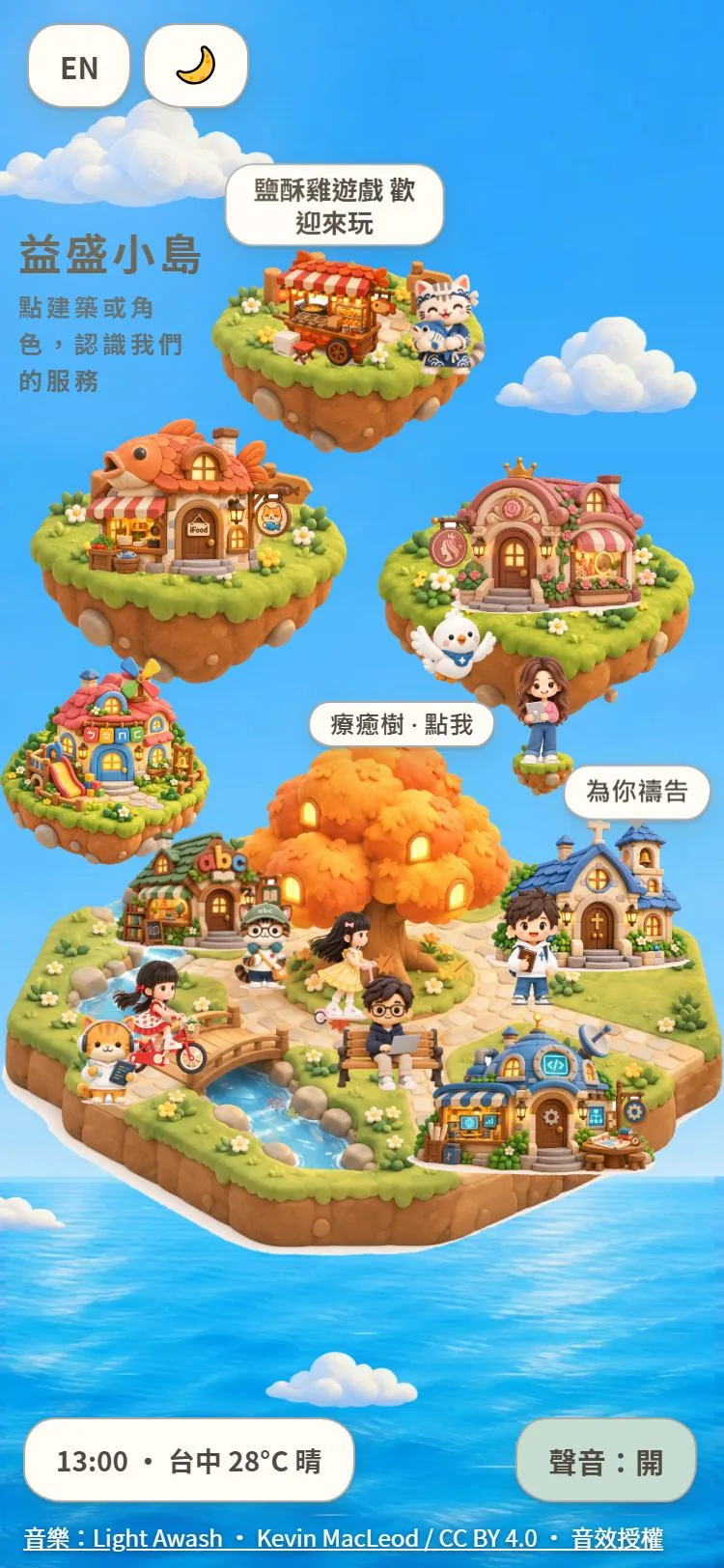 益盛小島的手機直放畫面：語言與日夜切換在左上角，天氣與聲音在下方
