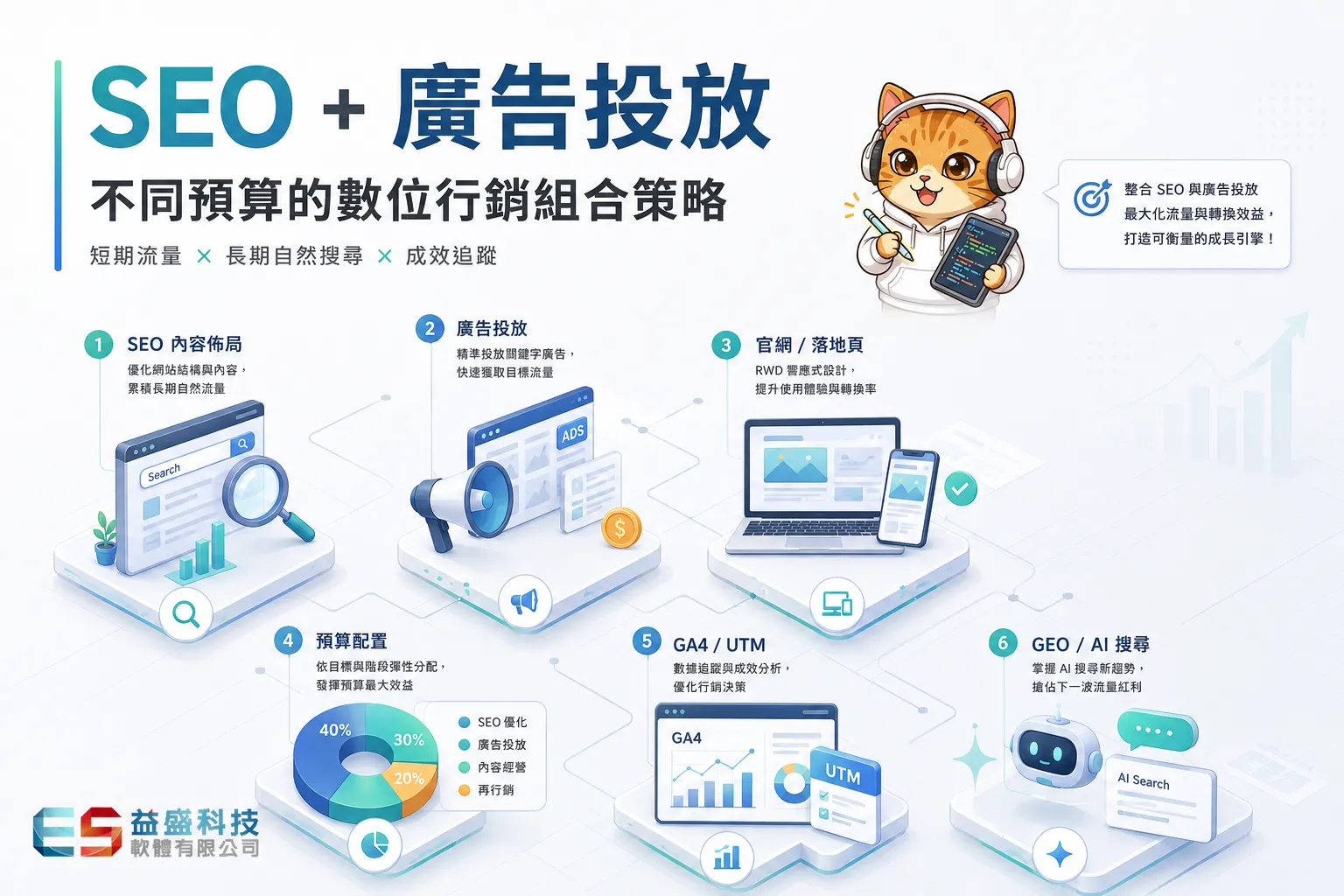 SEO與廣告投放不同預算的數位行銷組合策略示意圖