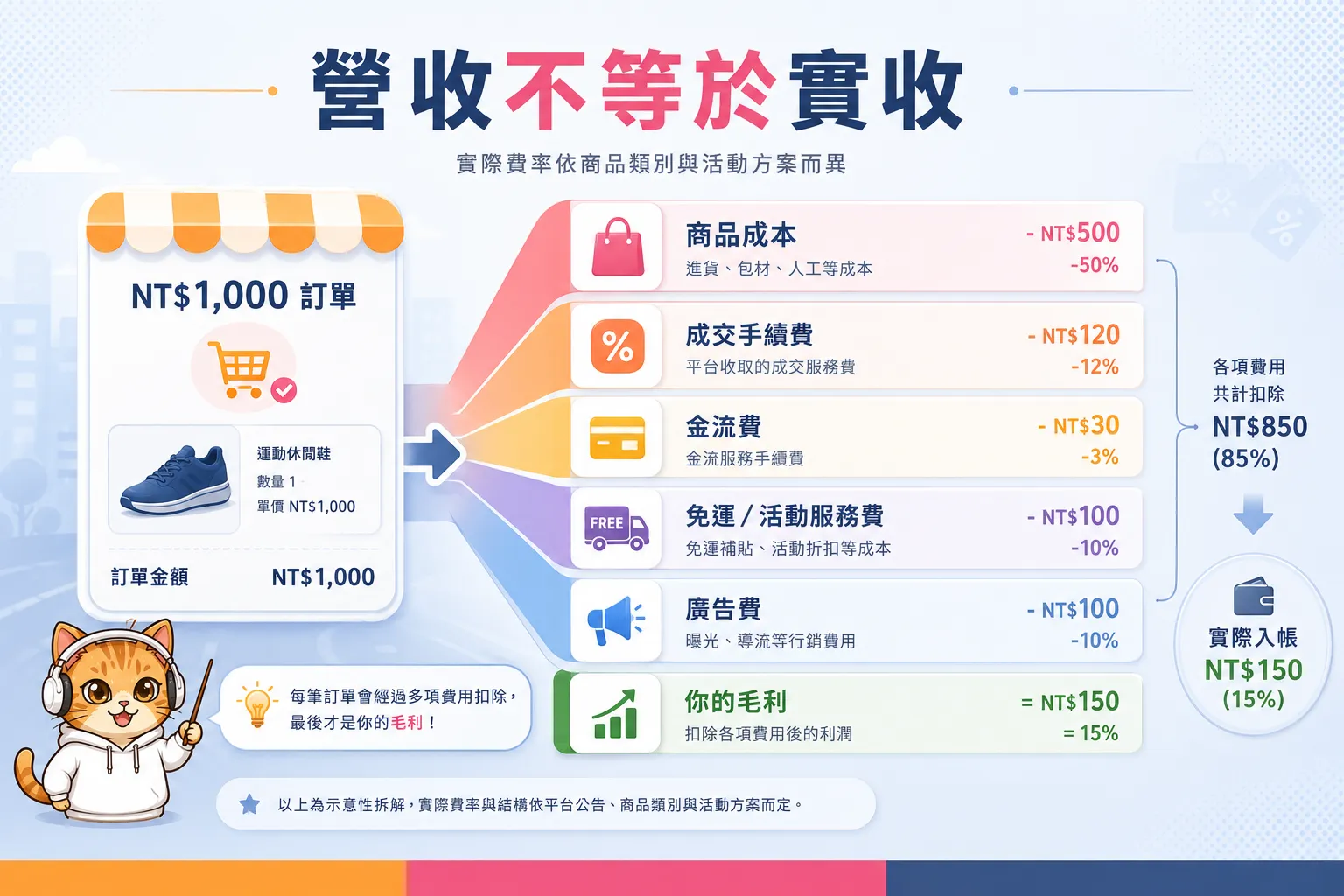 電商平台訂單抽成與實收金額示意圖